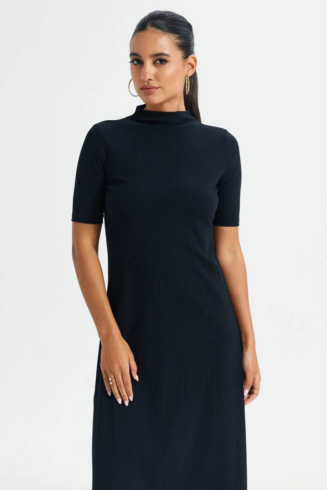 Women Black High Neck Ribbed Dress