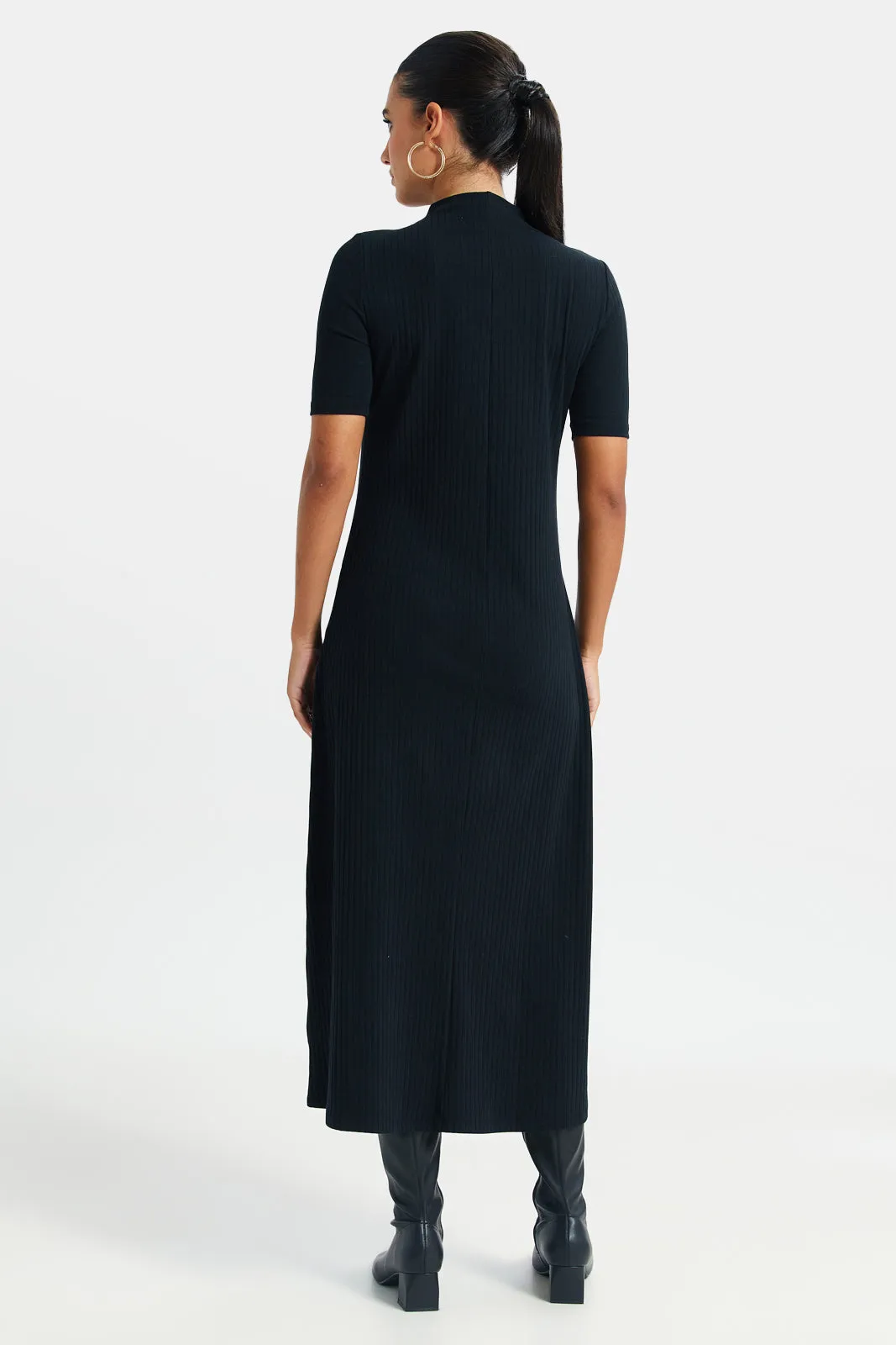 Women Black High Neck Ribbed Dress