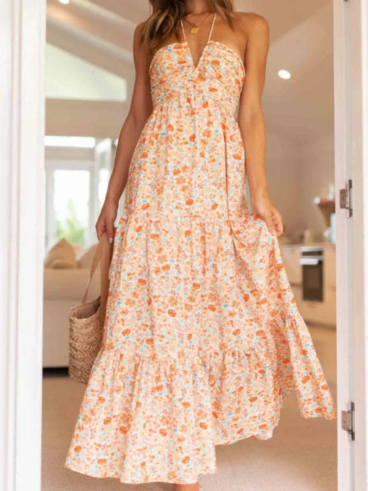 Womens Boho Chiffon Halter Neck Sleeveless Floral A Line Maxi Dress