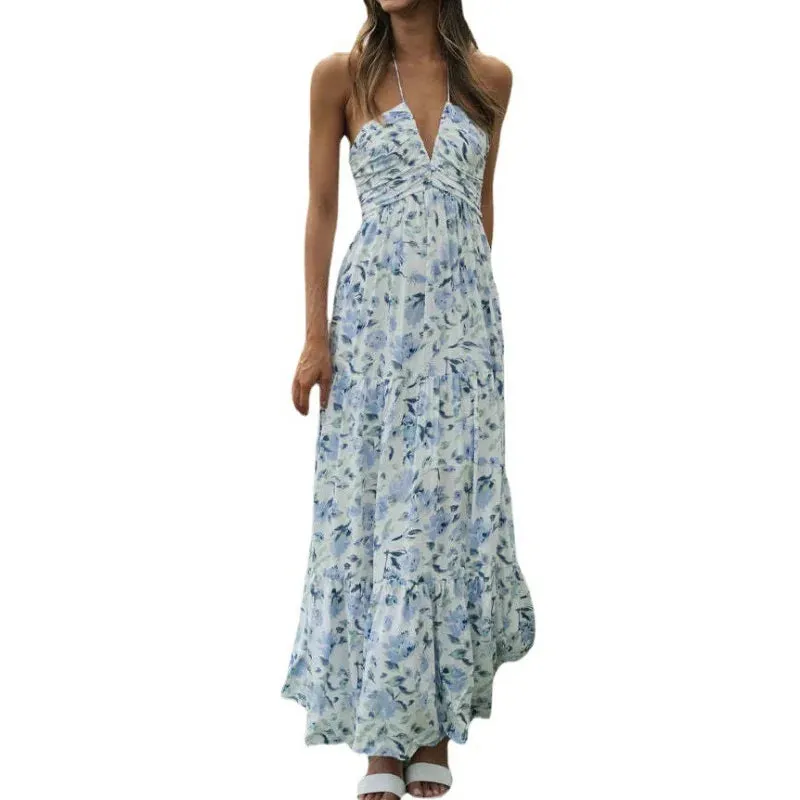 Womens Boho Chiffon Halter Neck Sleeveless Floral A Line Maxi Dress