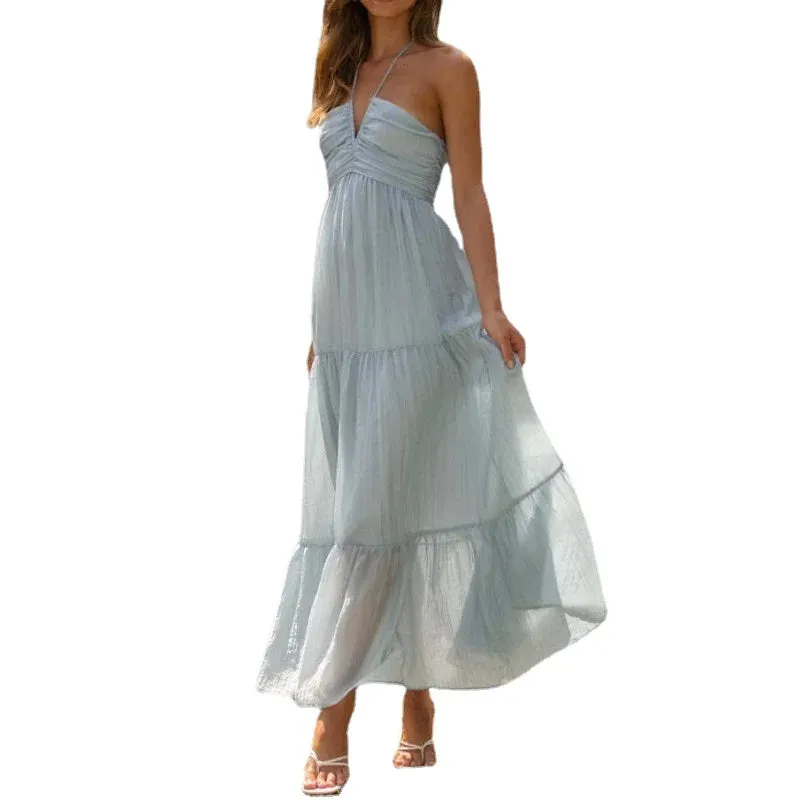 Womens Boho Chiffon Halter Neck Sleeveless Floral A Line Maxi Dress