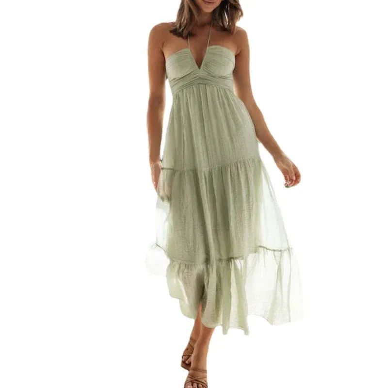 Womens Boho Chiffon Halter Neck Sleeveless Floral A Line Maxi Dress
