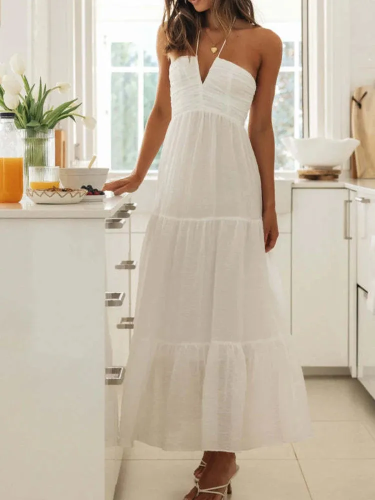 Womens Boho Chiffon Halter Neck Sleeveless Floral A Line Maxi Dress