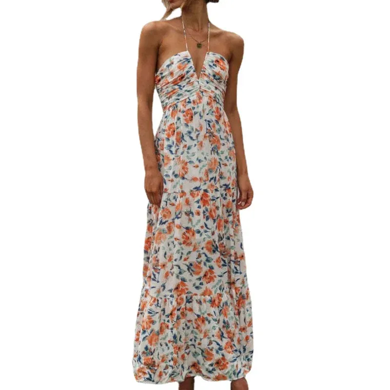 Womens Boho Chiffon Halter Neck Sleeveless Floral A Line Maxi Dress