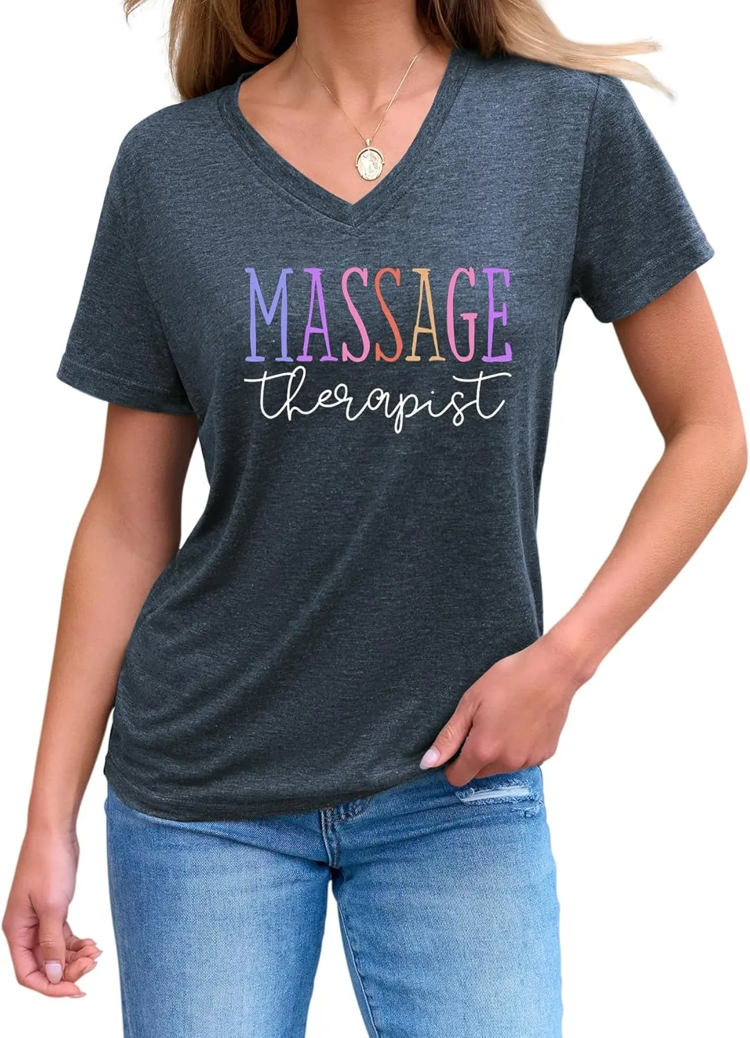 Womens V Neck Funny Massage Therapist T-Shirt Massage Therapy Graphic Tees Casual Summer Printed Short Sleeve Tops