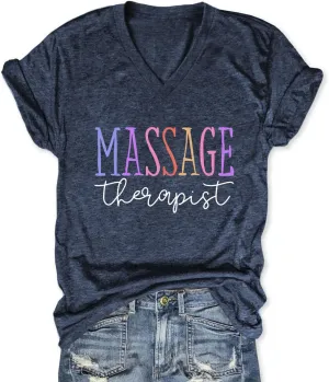 Womens V Neck Funny Massage Therapist T-Shirt Massage Therapy Graphic Tees Casual Summer Printed Short Sleeve Tops