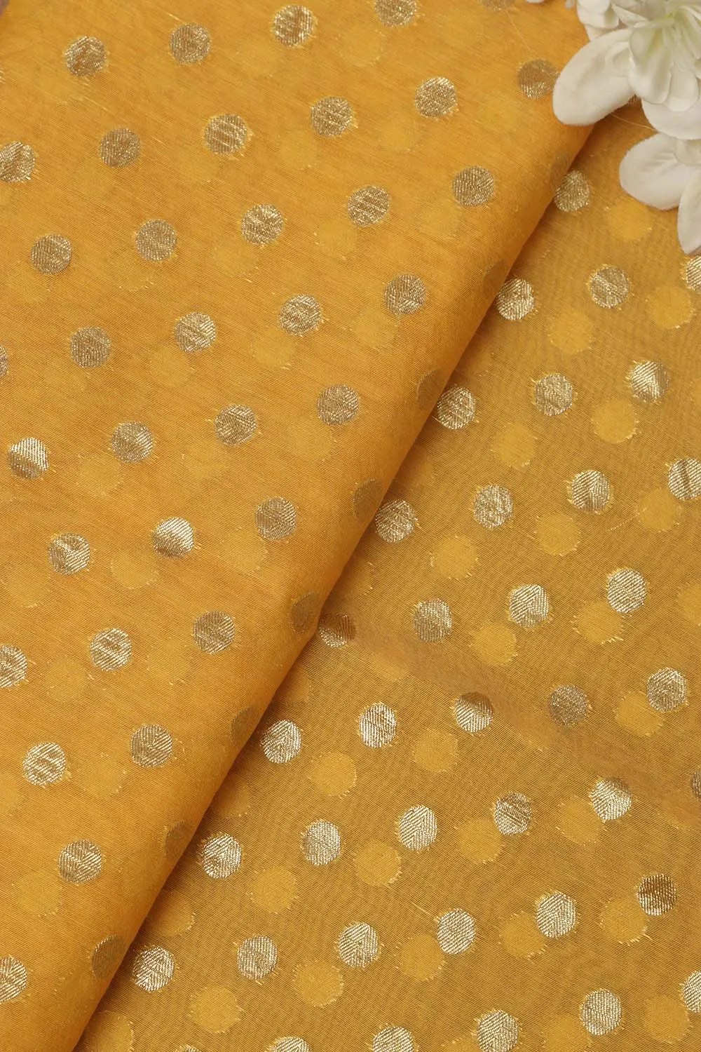 Yellow Banarasi Chanderi Silk Polka Dots Fabric ( 1 Mtr )