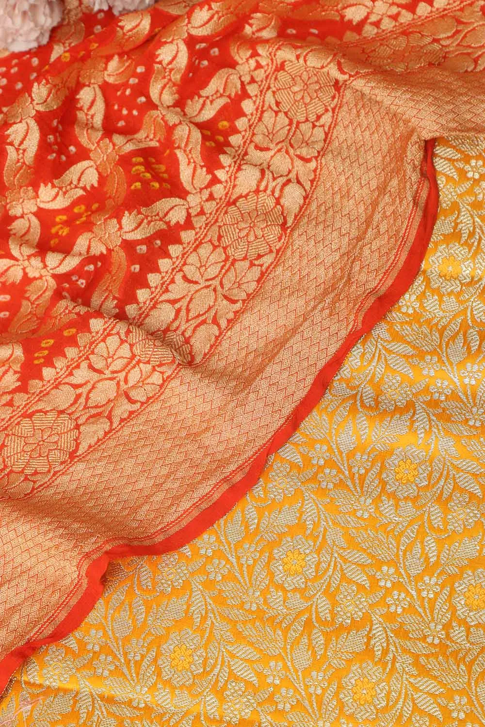 Yellow Banarasi Silk Satin Zari Brocade Suit With Orange Banarasi Bandhani Pure Georgette Dupatta