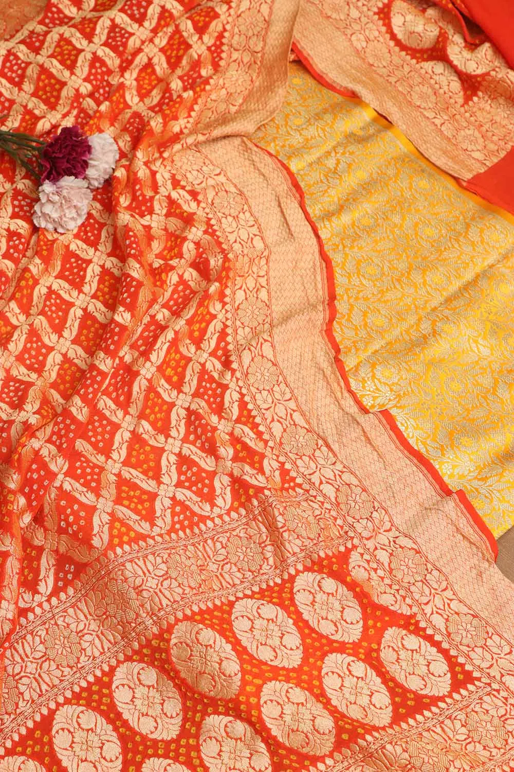 Yellow Banarasi Silk Satin Zari Brocade Suit With Orange Banarasi Bandhani Pure Georgette Dupatta