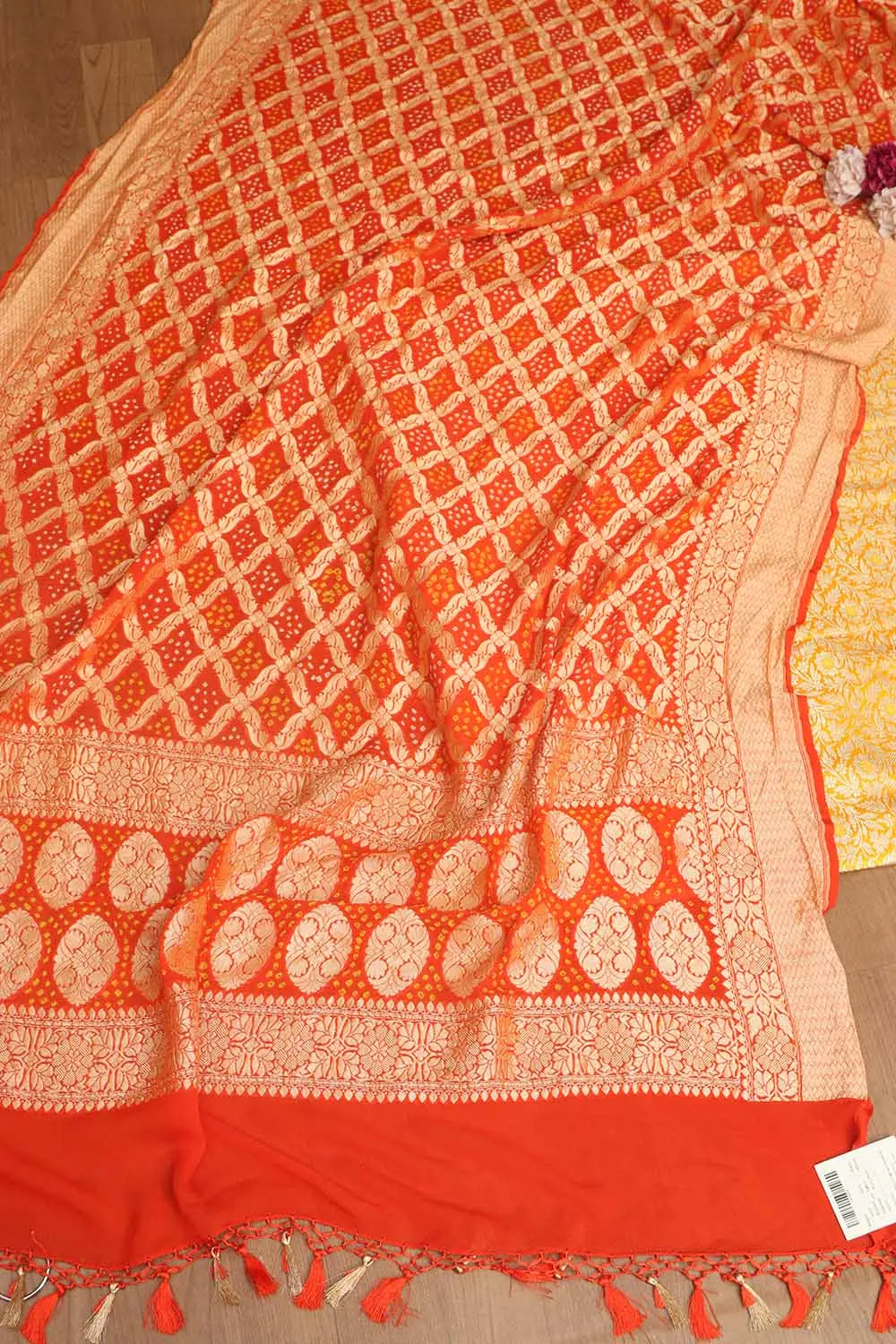 Yellow Banarasi Silk Satin Zari Brocade Suit With Orange Banarasi Bandhani Pure Georgette Dupatta