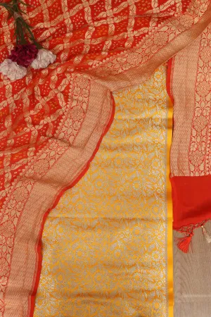 Yellow Banarasi Silk Satin Zari Brocade Suit With Orange Banarasi Bandhani Pure Georgette Dupatta
