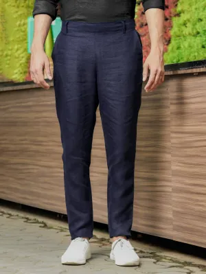 Zen Relaxed Elastic Pure Linen Trousers - Dark Blue