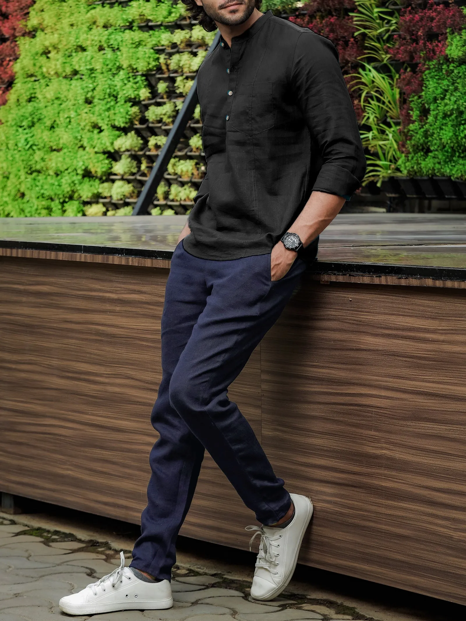 Zen Relaxed Elastic Pure Linen Trousers - Dark Blue